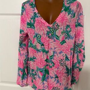 Lilly Pulitzer Pink Floral V-Neck Long Sleeve Top with Green Accents
